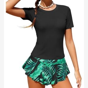 Girl Teen Black Short Sleeve Swim Top Rashguard Palm Tree Print Skirt Size 13/14